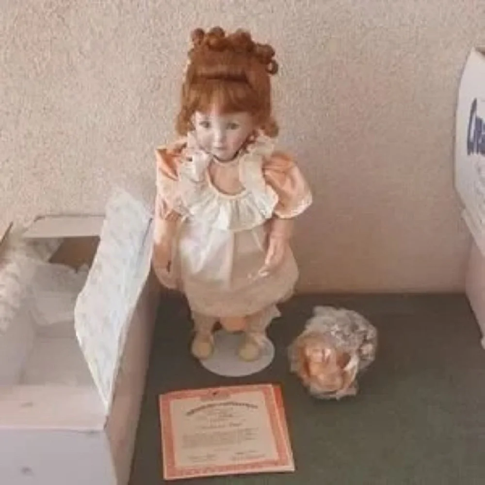 Porcelain Red-Head Doll in Peach Dress - Brand Unspecified